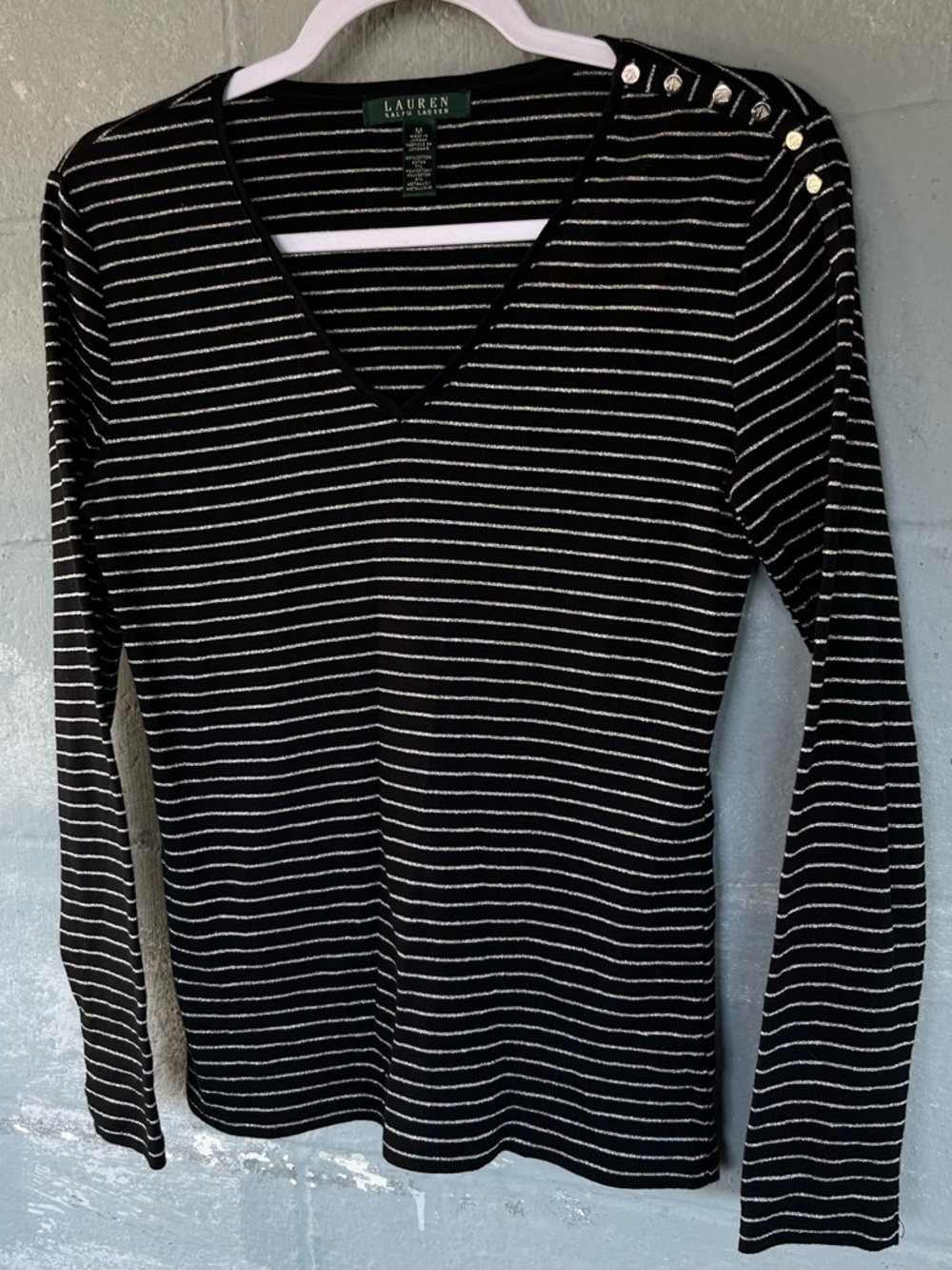 Ralph Lauren Black & White Striped V-Neck Long Sleeve Top with Shoulder Buttons